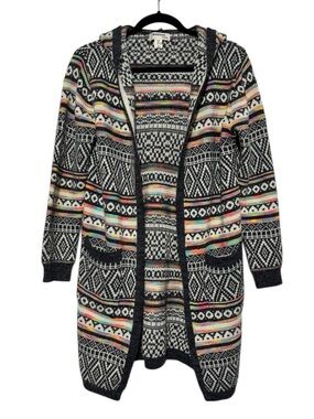 Monteau Rainbow Aztec Southwest Cardigan Sweater Size S Hooded Knit Boho Hippie